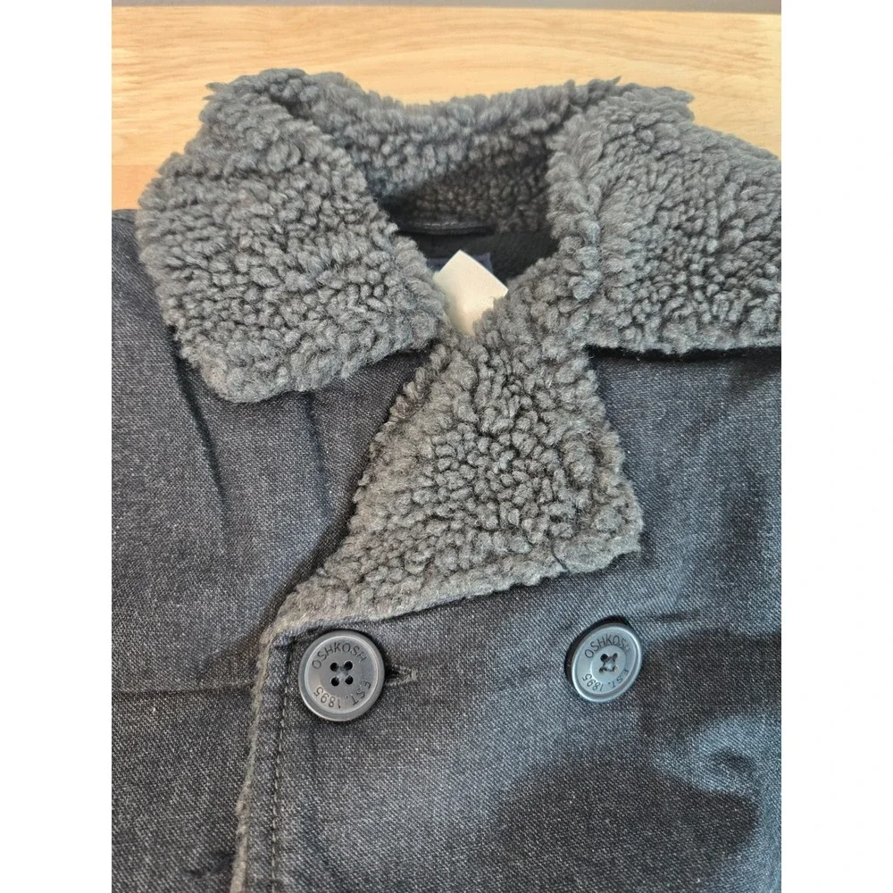 OshKosh Bgosh Boys Grey Double Breasted Pea Coat Faux Shearling Collar 4T NEW